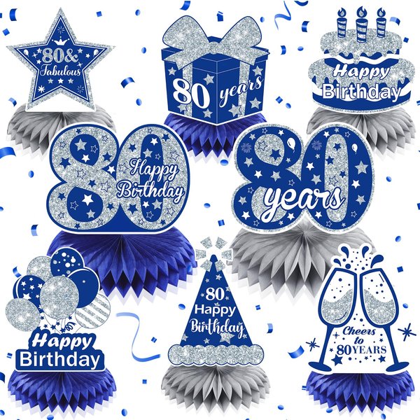 8Pcs Blue 80th Birthday Decorations Navy Blue Silver Happy 80th Birthday Table Honeycomb Centerpieces for Table Decor 80th Birthday Table Topper for Men Women 80th Birthday Anniversary Party Supplies