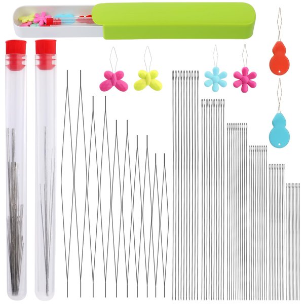 Uzecpk 76PCS Beading Needles Set, 60 PCS Long Straight Beading Thread Needles 10 PCS Big Eye Beading Needles with Needle Bottle Threaders for Bracelets and Jewelry Making