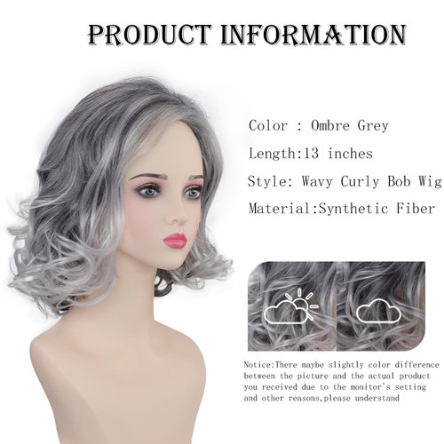 XIUFAXIRUSI XIUFAXIRUSI Medium Grey Wavy Bob Wigs for Women Gray to White Layered Wig Shoulder Length Synthetic Wig for Daily Party Use