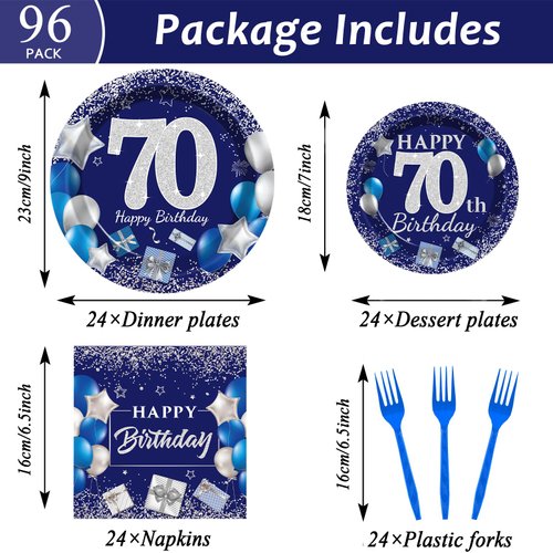 96 Pcs 70th Birthday Party Supplies Navy Blue and Silver Birthday Plates 70th Birthday Paper Tableware Happy Birthday Party Plates and Napkins Forks Blue Birthday Table Decorations for 24 Guests