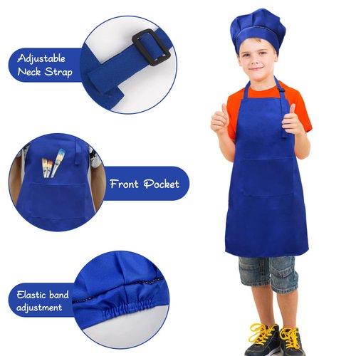 SUNLAND Kids Apron and Hat Set Children Chef Apron for Cooking Baking Painting (Royal Blue, M)