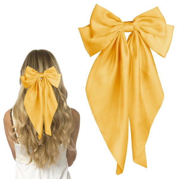 Pufandor Hair Bow Silky Satin Hair Ribbons for Women, Yellow Bows for Girls Hair Bowknot Barrettes Long Tails with Clips Big Hair Bows Hair Accessories (Yellow 1pc)