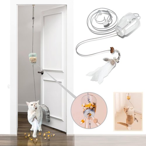 BOXTOHEART Hanging Treat Dispenser for Indoor Cats, Interactive Door Hanging Cat Toy with A Stimulating Bird Toy for Bored Cats, Mental Stimulation, Slow Feeder, Healthy Eating (Feather)