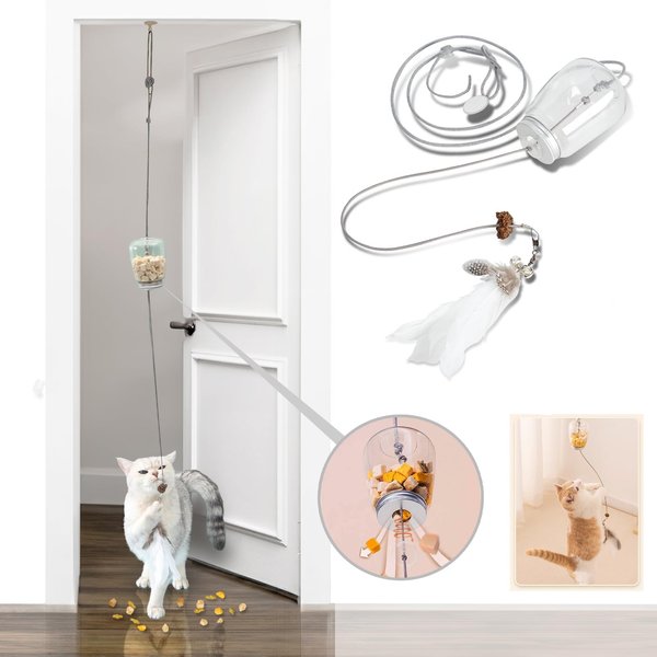 BOXTOHEART Hanging Treat Dispenser for Indoor Cats, Interactive Door Hanging Cat Toy with A Stimulating Bird Toy for Bored Cats, Mental Stimulation, Slow Feeder, Healthy Eating (Feather)