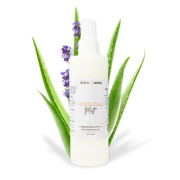 BASK & LATHER Hydrating Hair Mist, Leave-In Conditioner, Itchy Scalp Relief, Detangler, Curl Definer, Aloe Vera, Avocado Oil, For All Hair Types, 8 oz