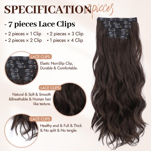 ZGYAIR Clip in Hair Extensions,Long Wavy 7PCS 20 Inch Dark Chestnut Brown Synthetic Hair Extensions Soft and Natural Hairpieces for Women