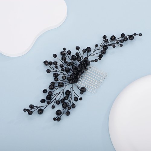 Kercisbeauty Black Beads Long Hair Comb Side Headpiece for Wedding Brides Women Girls Gothic Black Hair Accessories Handmade Jewelry