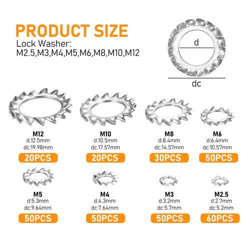 qxayxa 330 Pcs External Tooth Star Lock Washers, Stainless Steel External Starlock Washers Assortment Set, Tooth Locking Ring Washers Kit - M2.5 M3 M4 M5 M6 M8 M10 M12