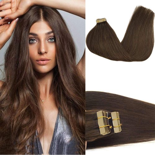 GOO GOO 20 inch Human Hair Extensions Tape in Chocolate Brown Real Natural Hair Extensions Tape in Skin Weft Silky Straight 50g 20pcs