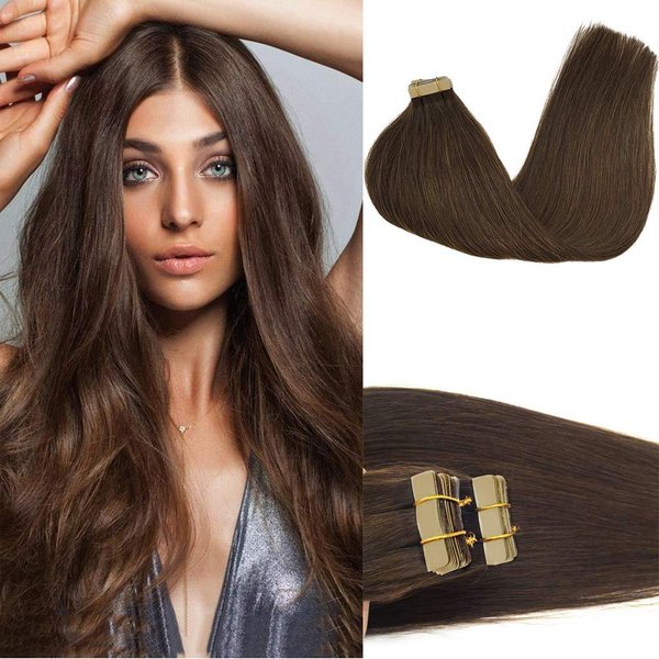 GOO GOO 20 inch Human Hair Extensions Tape in Chocolate Brown Real Natural Hair Extensions Tape in Skin Weft Silky Straight 50g 20pcs