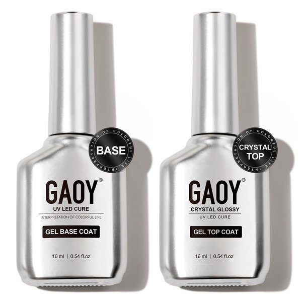GAOY Crystal Glossy Gel Top Coat and Base Coat Set, 16ml 2 Pcs High-Gloss Top Coat and No Wipe Foundation Combination for UV Light Gel Nail Polish