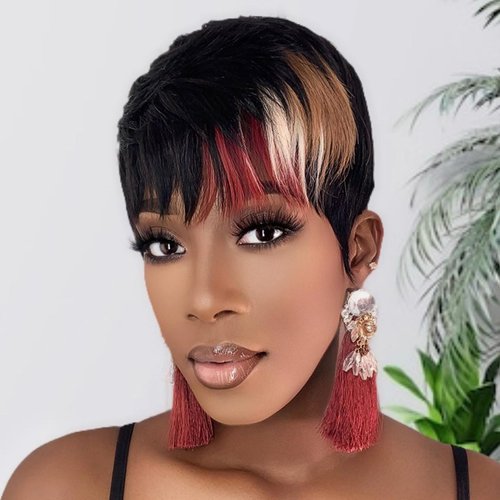 SAEIALL Pixie Cut Wig for Black Women Human Hair Pixie Wig with Bangs Brazilian Virgin Human Hair Short Wigs for Black Women Layered Wigs For Women Full Machine Made Wigs (1B/30/613)