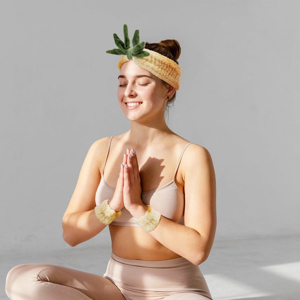 Hofar Pineapple Face Wash Headband Hairband with Soft Wrist Band Coral Fleece Cartoon Cute Creative Hair Accessories