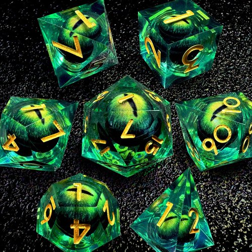 HAOMEJA DND Resin Dice Beholder's Dragon Eye Dice Liquid Core Dice Set with Gift Dragon Eye Bag, Sharp Edges Dice Set 7 PCS Apply to Dungeons and Dragons Dice D20 D12 D10 D100 D8 D6 D4 (Eye Green)