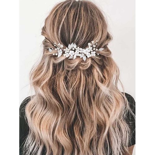 GORAIS Flower Bride Wedding Hair Vine Silver Pearl Bridal Headpiece Floral Leaf Hair Piece Hair Accessories for Women and Girls