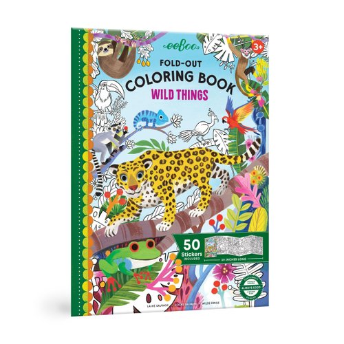 eeBoo: Wild Things Fold-Out Coloring Book with Stickers, Includes 50 Full-Color Stickers, Folds Out for 39" of Coloring, Kids Activity Ages 3+