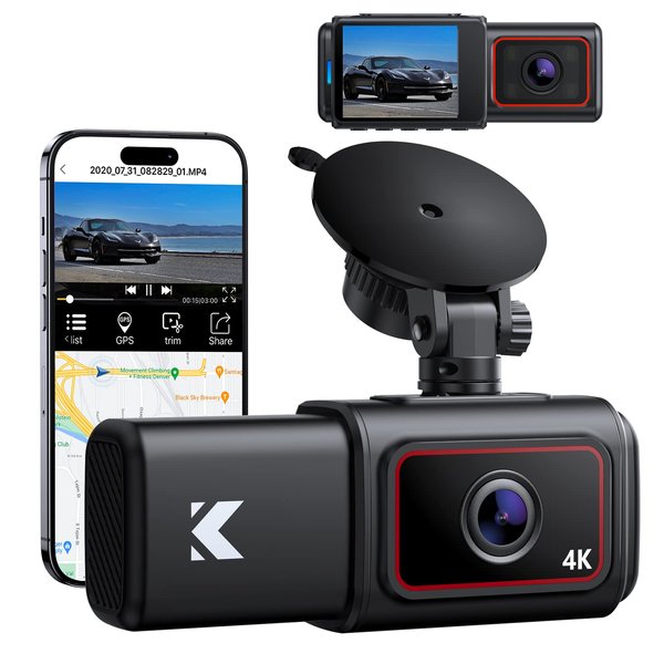 Kingslim D6-4K Dual Dash Cam - WiFi & GPS 4K Front and 1080P Inside Type-C Uber Car Camera with Super Night Vision and 24-Hour Parking Monitor, 3 Channel Dash Cam Optional, Black