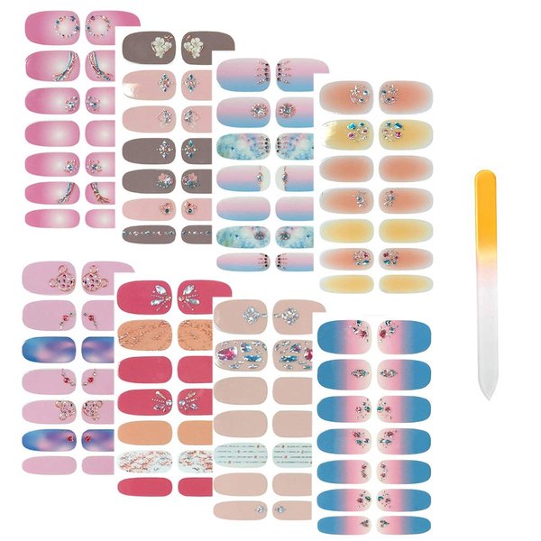 SIUSIO 112pcs 8 Sheets Full Nail Wraps Stick on Gel Nail Polish Strips Stickers Elegant Gradient Glitter Nail Adhesive DIY Nail Art Sticker with 1PCS Crystal Glass Nail Files for Women Girls