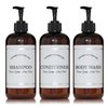 Amber Refillable Shampoo and Conditioner Bottles - Body Wash, Shampoo and Conditioner Dispenser - PET Plastic Shampoo Bottles Refillable with Pump - Waterproof Labels - 16 oz, 3 Pack (Black Plastic)