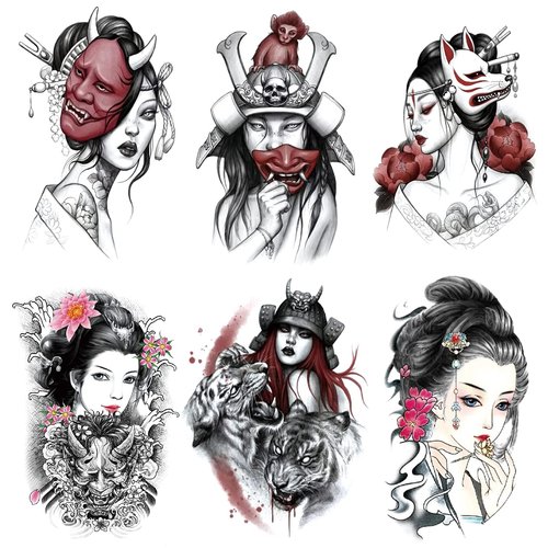 Oottati 6 Sheets Arm Fake Waterproof Temporary Tattoos Stickers Japanese Geisha Samurai Women Tiger Prajna Dark Red Blood
