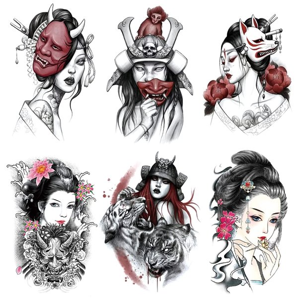 Oottati 6 Sheets Arm Fake Waterproof Temporary Tattoos Stickers Japanese Geisha Samurai Women Tiger Prajna Dark Red Blood