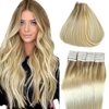 Tape in Hair Extensions Human Hair Omber Highlight Hair Extensions Tape in Human Hair for Women 20inch Beige Blonde Mix Medium Blonde to Platinum Blonde Balayage Straight Human Hair Extensions 20pcs