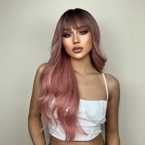 Qihang Pink Wig with Bangs Long Wavy Pink Wigs for Women Ombre Pink Curly Wavy Synthetic Wigs with Dark Roots for White Women Girls Daily Party Replacement 26 inch
