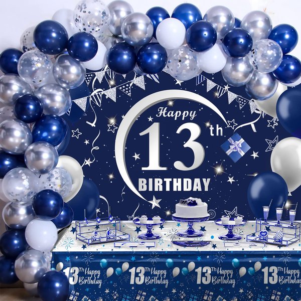 Navy Blue 13th Birthday Decorations for Boys and Girls, Happy 13th Birthday Backdrop, Tablecloth, Balloons Garland Arch Kit - 13th Birthday Banner Party Supplies Bday Decor for Sweet 13 Year Old Teen
