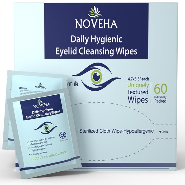 NOVEHA Daily Hygienic Eyelid & Lash Wipes | For Blepharitis & Itchy Eyes, Demodex | Box Of 60 Individually Wrapped Eyelash Wipes, Natural Makeup Remover & Daily Cleanser