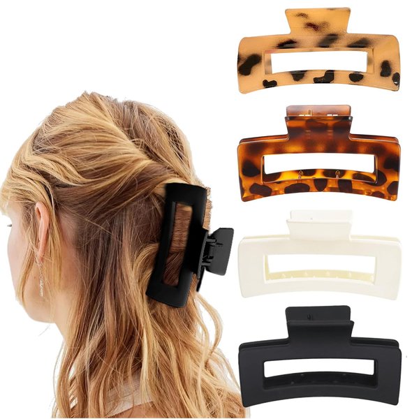 4 Pack Square Claw Clips, Hair Claw Clips for Women Girls, 3.5" Medium Non-slip Hair Clips, Rectangular Claw Hair Clips,Rectangular Jaw Clips Hair Clips Gifts for Women Girls