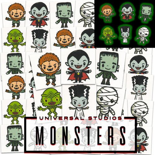 Horror Movie Tattoos Party Favors Bundle ~ 72 Perforated Individual 2" x 2" Universal Monsters Temporary Tattoos for Kids Teens Adults Featuring Frankenstein, Dracula, More (Horror Party Supplies)