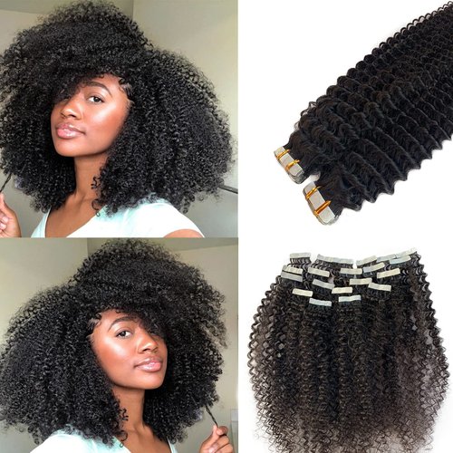 Kinky Curly Tape in Hair Extensions Human Hair 4B 4C Natural Black Real Human Hair Tape ins for Black Women Double Sided 14 Inch Kinky Curly Hair Tape in Extensions 50g 20pcs