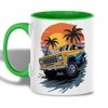 Yellow Off-Road Truck Design Ceramic Mug, 11oz Coffee Cup for Car Enthusiasts, Sunset Beach and Palm Tree Theme, Unique Summer Adventure Gift, Reusable Eco-Friendly Mug for Hot Beverages, Tea, Milk