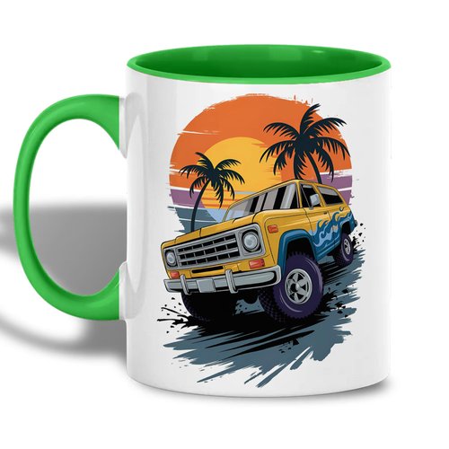 Yellow Off-Road Truck Design Ceramic Mug, 11oz Coffee Cup for Car Enthusiasts, Sunset Beach and Palm Tree Theme, Unique Summer Adventure Gift, Reusable Eco-Friendly Mug for Hot Beverages, Tea, Milk