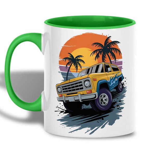 Yellow Off-Road Truck Design Ceramic Mug, 11oz Coffee Cup for Car Enthusiasts, Sunset Beach and Palm Tree Theme, Unique Summer Adventure Gift, Reusable Eco-Friendly Mug for Hot Beverages, Tea, Milk