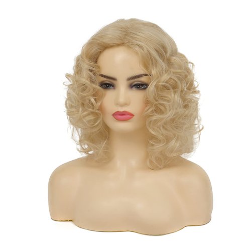 Tseses Blonde Curly Wigs for Women Shoulder Length Wig Natural Shaggy Synthetic Hair Heat Resistant Cosplay 80s Costume Wig with Wig Cap