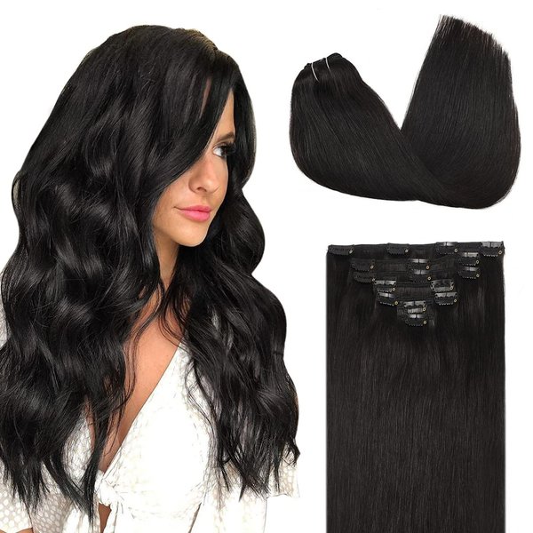 DOORES Human Hair Extensions Clip in Natural Black 120g 7pcs 18 Inch Remy Clip in Hair Extensions Natural Hair Extensions Straight Thick Hair