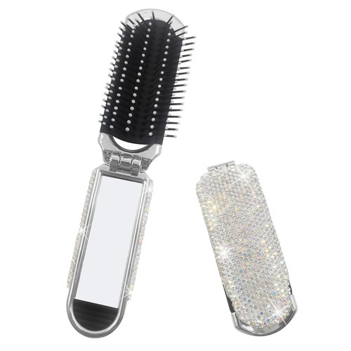 Owemtao Bling Travel Hair Brush with Mirror, Rhinestone Compact Collapsible Brush for Women (Silver)