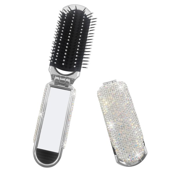 Owemtao Bling Travel Hair Brush with Mirror, Rhinestone Compact Collapsible Brush for Women (Silver)