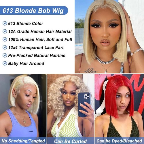 14 Inch Blonde Bob Wig Human Hair 613 Bob Lace Front Wig Human Hair 180% Density 13x4 HD Lace Frontal Wigs Human Hair Pre Plucked With Baby Hair Short Straight 613 Bob Wigs Human Hair for Women