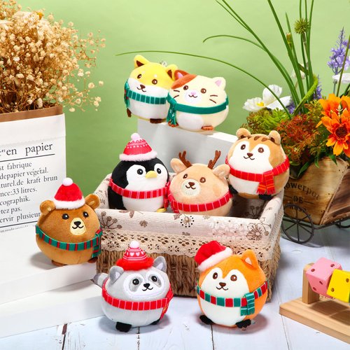 Aoriher 8 Pcs Christmas Mini Plush Animals Soft Toys 3.15 Inch Stuffed Animals Ornaments Bulk Colorful Woodland Animal Keychain Decor for Christmas Xmas Party Favor(Cap and Scarf)