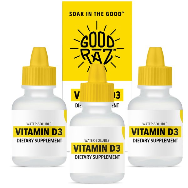Good Raz - Vitamin D Drops Adult - Water-Soluble Liquid D3 Drops - Potent Vitamin D Liquid Drops - No Stir, Non-GMO, Kosher - D3 Liquid to Add to Drink Or Food, Flavorless - 12-Month Supply (3)