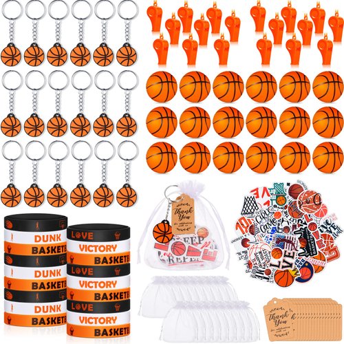 HyDren 158 Pcs Basketball Party Favors Set 18 Basketball Keychains 18 Silicone Bracelets 18 Mini Basketball 18 Whistles 50 Stickers 18 Organza Bags 18 Thank You Tags for Basketball Party Supplies