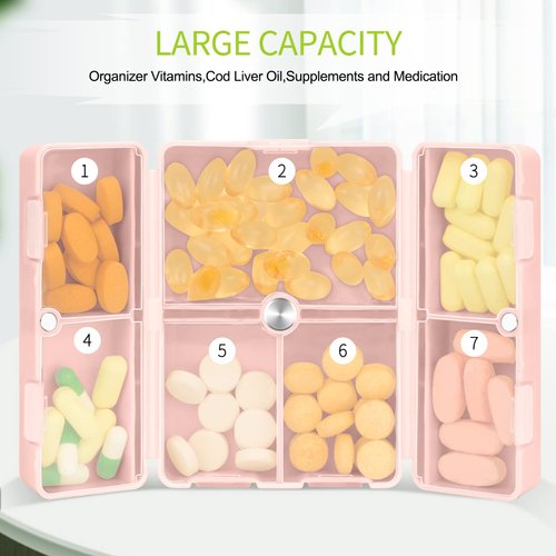 FYY Daily Pill Organizer, 7 Compartments Portable Travel Pill Case [Folding Design]Pill Box for Purse Pocket to Hold Vitamins,Cod Liver Oil,Supplements and Medication-Pink