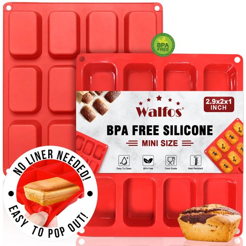 Silicone Mini Loaf pan, Walfos 12 Cavities Mini Bread Pan Brownie Pan, Food Grade & Non-stick, Ideal For Mini Bread, Brownie, Cornbread, Cheesecake & Chocolate, Set of 2
