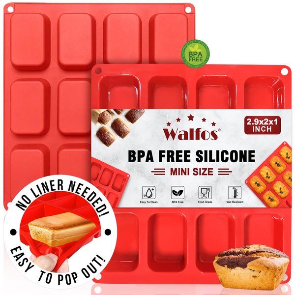 Silicone Mini Loaf pan, Walfos 12 Cavities Mini Bread Pan Brownie Pan, Food Grade & Non-stick, Ideal For Mini Bread, Brownie, Cornbread, Cheesecake & Chocolate, Set of 2