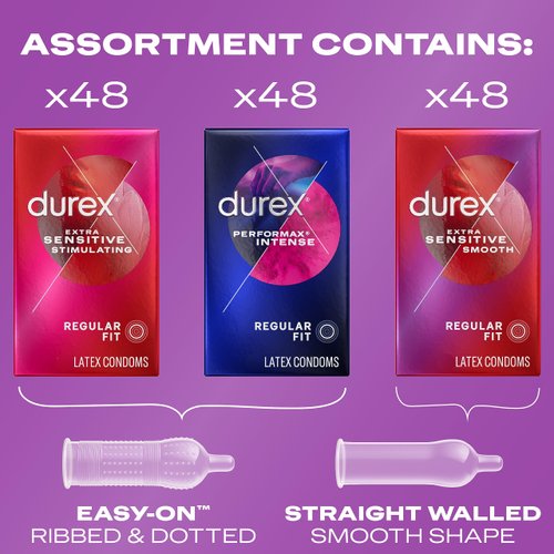 Durex Condoms Adventure Pack | Mix of Smooth & Ribbed Condoms Bulk | Condom Variety Pack | Regular Fit Latex Condoms (Includes Durex Extra Sensitive Smooth, Stimulating, & Performax Intense), 144 ct