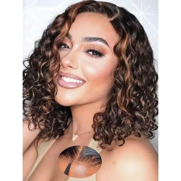 YIROO Bye Bye Knots Glueless Wigs Ombre Brown Short Curly Bob Wig Human Hair Pre Bleached Pre Cut 7x5 Lace Closure Wig Beyond Basics Bob Wigs for Woman Put On And Go Easy to Wear Side Part 10Inch