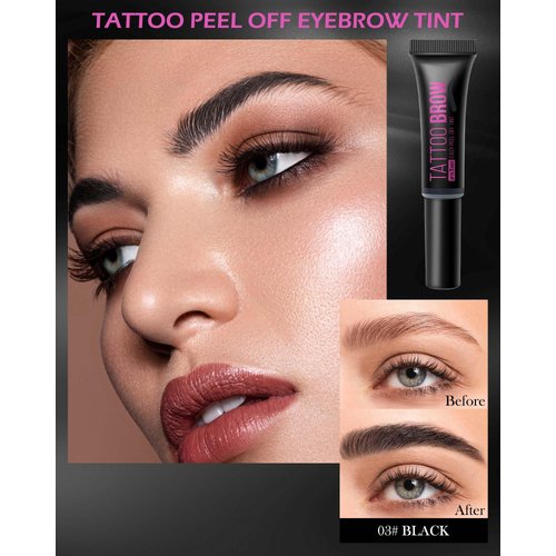 Peel Off Tattoo Eyebrow Gel-2Pcs Black Tattoo Peel Off Eyebrow Gel Tinted, Long Lasting Waterproof Transfer-proof Tattoo Brow Peel Off Tinted Gel Brow Last Up to 3 Days, with Brow Stencil & Brush-03#
