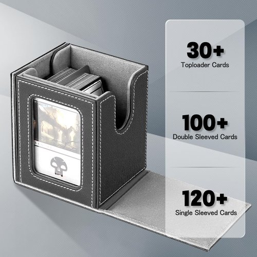 MTG Deck Box, Single Display Window Deck Box MTG, Commander Deck Box Fits 100 Double Sleeved Cards, PU Leather Magnetic Closure Card Deck Box with 2 Dividers&1 Toploaders for TCG, CCG(Black Gray)